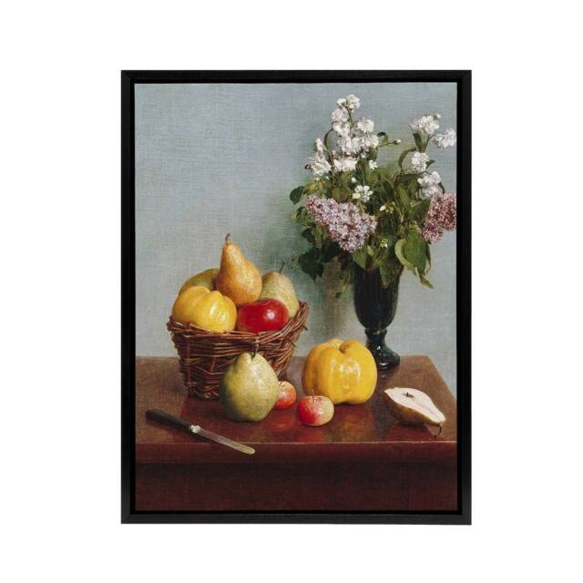 "Artery8 Still Life with Flowers & Fruit Latour Black Framed Canvas Wall Art in Yellow - Size: W12"" x H16""" - image 1