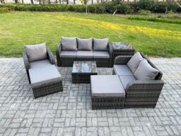 Fimous Indoor Outdoor Rattan Garden Furniture 8 Seater Set Table Sofa Chair Patio Conservatory with Grey Cushions 2 Big Footstool in Dark Grey - thumbnail 1