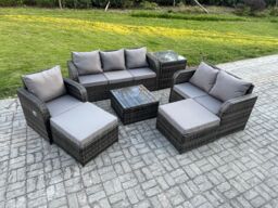 Fimous Indoor Outdoor Rattan Garden Furniture 8 Seater Set Table Sofa Chair Patio Conservatory with Grey Cushions 2 Big Footstool in Dark Grey - thumbnail 2