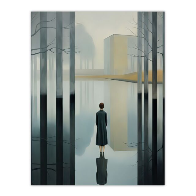 "Artery8 Wall Art Print Mist Reflection Surreal Landscape with Lone Woman Poster Picture in Grey - Size: W18"" x H24""" - image 1