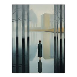 "Artery8 Wall Art Print Mist Reflection Surreal Landscape with Lone Woman Poster Picture in Grey - Size: W18"" x H24""" - thumbnail 1
