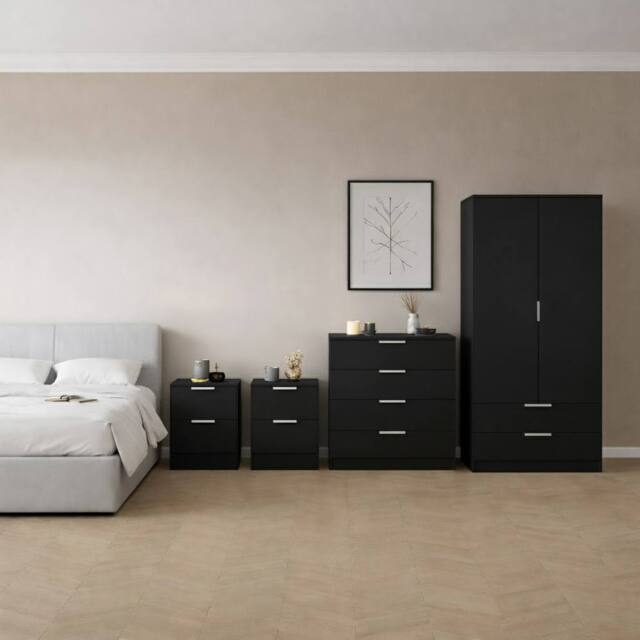 HD Designs Trega 4Pc Bedroom Set(2Dr Bedsidex2, 4Dr Chest, Wardrobe) in Black