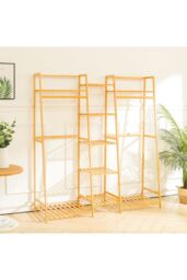 Living and Home Multi-Functional Clothes Hanging Rack Coat Garment Rack 7 Tier Storage Shelf in Natural - thumbnail 4