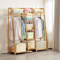 Living and Home Multi-Functional Clothes Hanging Rack Coat Garment Rack 7 Tier Storage Shelf in Natural - thumbnail 5