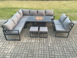 Fimous Aluminium 11 Seater Lounge Corner Sofa Outdoor Garden Furniture Sets Gas Fire Pit Dining Table Set with Footstools in Dark Grey - thumbnail 2