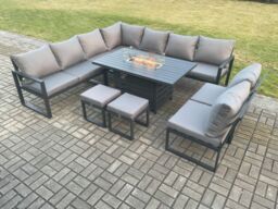 Fimous Aluminium 11 Seater Lounge Corner Sofa Outdoor Garden Furniture Sets Gas Fire Pit Dining Table Set with Footstools in Dark Grey - thumbnail 1
