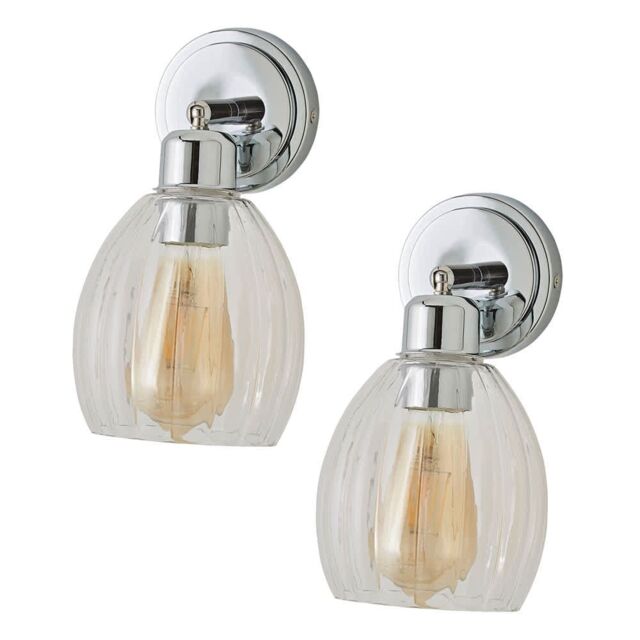 ValueLights Cheltenham Pair of Ribbed Glass Dome Spotlight Wall Lights with Bulbs in Metallic Silver - image 1