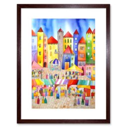 "Artery8 Wall Art Print Market Square Scene Folk Art Watercolour Painting Artwork Framed 9X7 Inch in Brown - Size: W7"" x H9""" - thumbnail 1