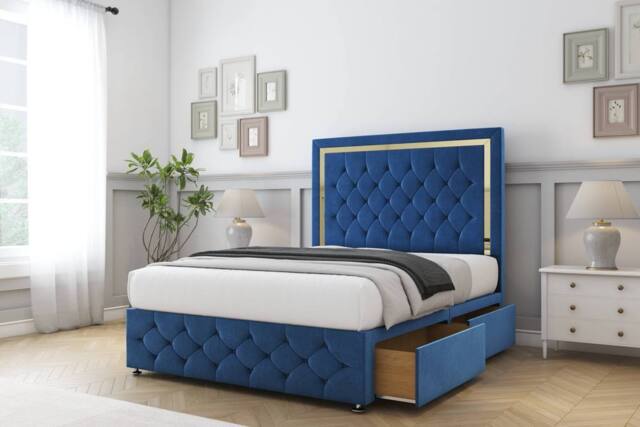 "Sloomy Sofia Gold Plush Divan Set 2 Drawers-26"" Headboard-Footboard in Navy - Size: King" - image 1