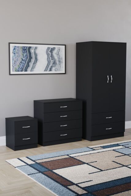 Home Discount Vida Designs Riano 3-Piece Set with 2-Drawer Bedside Chest & Wardrobe in Black - image 1
