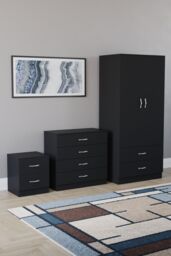 Home Discount Vida Designs Riano 3-Piece Set with 2-Drawer Bedside Chest & Wardrobe in Black