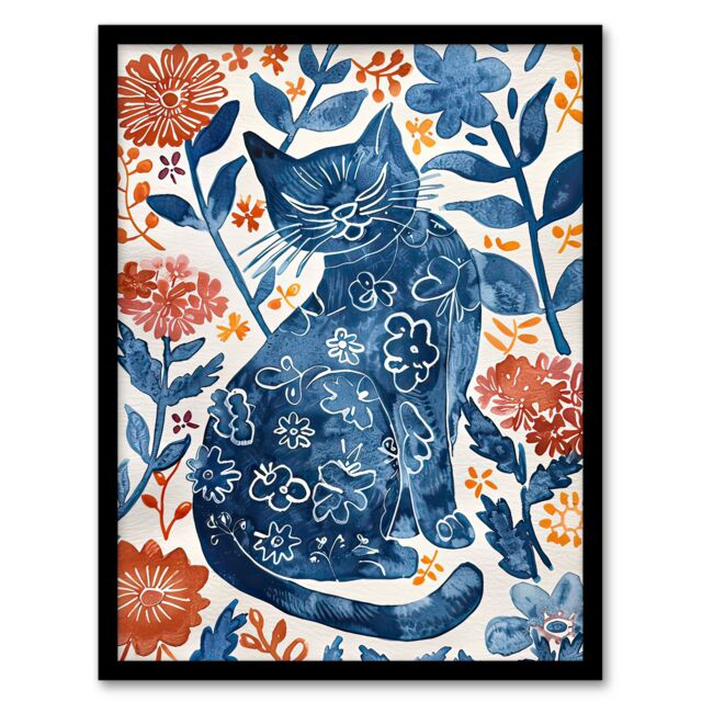 Artery8 Cat Lover Blue Red Floral Japanese Style Pattern Framed Wall Art - Size: A4 - image 1