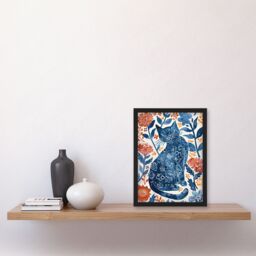 Artery8 Cat Lover Blue Red Floral Japanese Style Pattern Framed Wall Art - Size: A4 - thumbnail 4