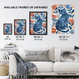 Artery8 Cat Lover Blue Red Floral Japanese Style Pattern Framed Wall Art - Size: A4 - thumbnail 3