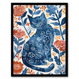 Artery8 Cat Lover Blue Red Floral Japanese Style Pattern Framed Wall Art - Size: A4 - thumbnail 1