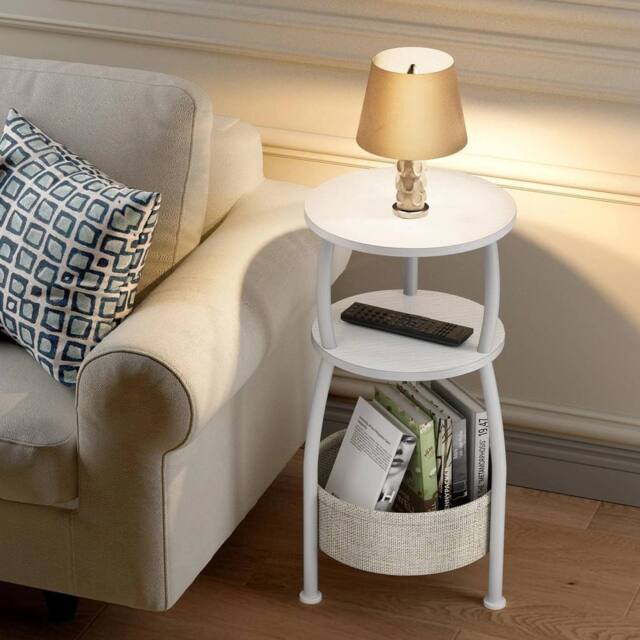 FORGEVIO 3 Tier Fabric Round Side Bedside End Table in White - image 1