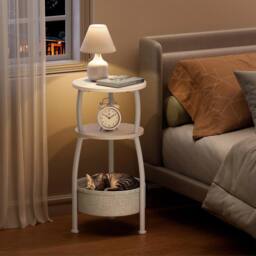 FORGEVIO 3 Tier Fabric Round Side Bedside End Table in White - thumbnail 3