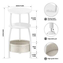 FORGEVIO 3 Tier Fabric Round Side Bedside End Table in White - thumbnail 2