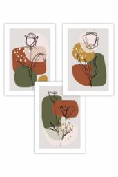 ARTZE Set of 3 Line Art Autumn Flowers on Green Yellow Boho Shapes Art Posters - Size: W50 cm x H70 cm - thumbnail 1