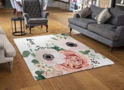 Benjamin Tate Design Garden Flower, Pink Peach Rose, White Anemone Designer Rug in Natural - Size: Large - thumbnail 2