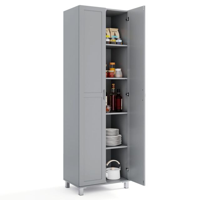 Gymax Double Door Tall Storage Cabinet Freestanding Pantry Cabinet in Grey - image 1