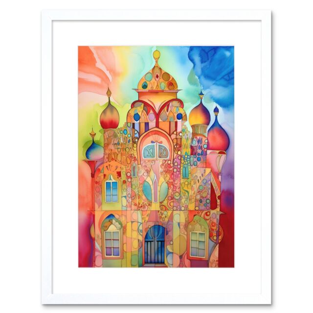 "Artery8 Wall Art Print Jewish Synagogue Decorated Building Vibrant Folk Art Watercolour Painting Artwork Framed 9X7 Inch in White - Size: W7"" x H9""" - image 1