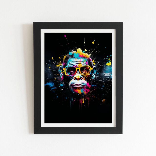"Warren Reed - Designer Coloured Splashart Monkey Face with Glasses Framed Art Print in Black - Size: W24"" x H36""" - image 1