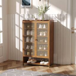 NESTLUNE Natural Bamboo Shoe Cabinet with 2 Doors, 7 Tier Tall Rack - Size: 100 cm x 15 cm - thumbnail 4