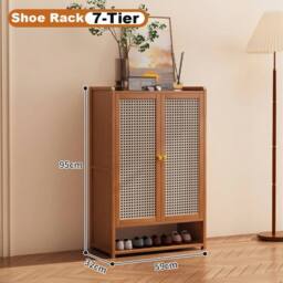 NESTLUNE Natural Bamboo Shoe Cabinet with 2 Doors, 7 Tier Tall Rack - Size: 100 cm x 15 cm - thumbnail 2