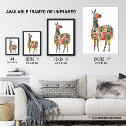"Artery8 Llama With Colourful Folk Patterns Watercolour Wall Art Print - Size: W24"" x H32""" - thumbnail 3