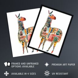 "Artery8 Llama With Colourful Folk Patterns Watercolour Wall Art Print - Size: W24"" x H32""" - thumbnail 2