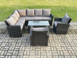 Fimous 8 Seat Rattan Garden Furniture Corner Sofa Set Outdoor Patio Chair Sofa Table Set Dark Grey Mixed - thumbnail 2