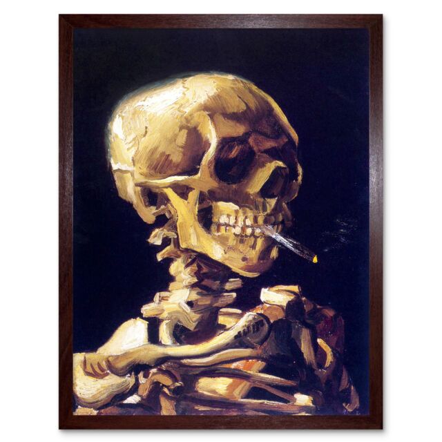 "Artery8 Wall Art Print Old Master Painting Van Gogh 1886 Head of a Skeleton with a Burning Cigarette Gothic Skull Art Framed - Size: W12"" x H16""" - image 1