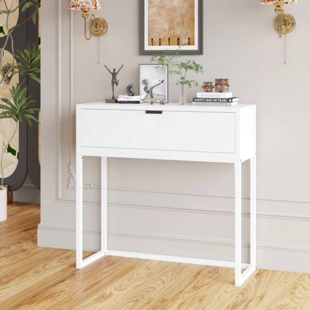 VOGREX White Console Table MDF Top Metal Frame Drawer Storage Hallway - image 1