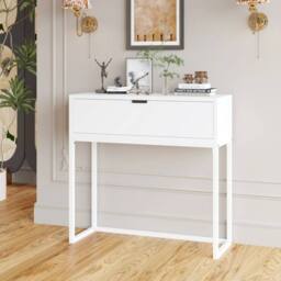 VOGREX White Console Table MDF Top Metal Frame Drawer Storage Hallway - thumbnail 1