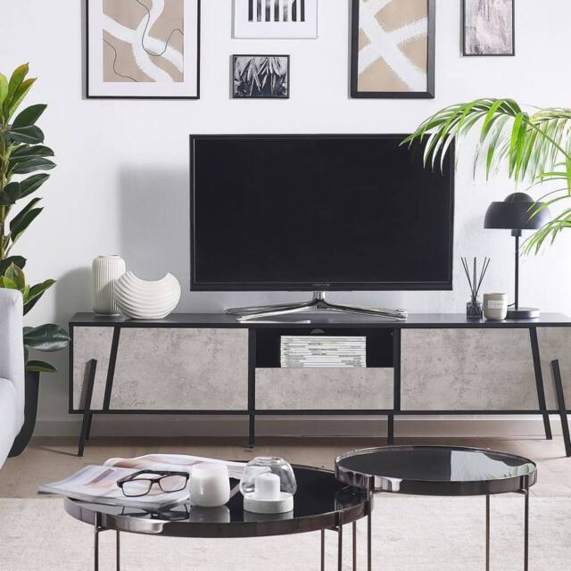 Wyld and Coco Industrial TV Stand Up to 75 inch TV Concrete effect Top Black in Grey - image 1