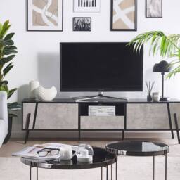 Wyld and Coco Industrial TV Stand Up to 75 inch TV Concrete effect Top Black in Grey - thumbnail 1