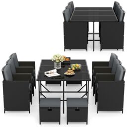 Gymax 11 PCS Patio Dining Set With Tempered Glass Table & Ottomans in Grey