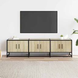Berkfield Home TV Cabinet Sonoma Oak 150x35x41 cm Engineered Wood & Metal in Light Tan - Size: 150 x 35 x 41 cm - thumbnail 3