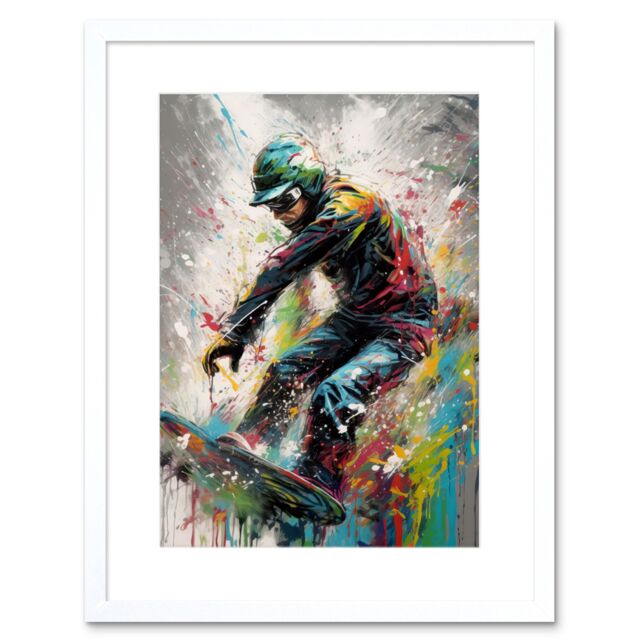 "Artery8 Wall Art Print Snowboarding Extreme Sport Athlete Paint Splat Artwork Framed 9X7 Inch in White - Size: W7"" x H9""" - image 1