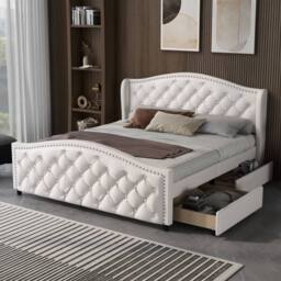 HomeTouch Ella White Lux PU Faux Leather Upholstered Headboard Doubled Bed Frame - Size: Double - thumbnail 1