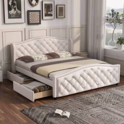 HomeTouch Ella White Lux PU Faux Leather Upholstered Headboard Doubled Bed Frame - Size: Double - thumbnail 2