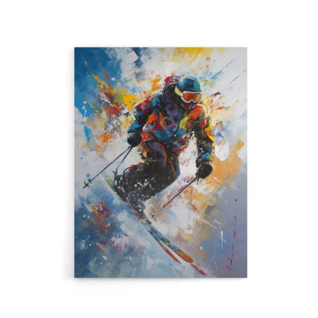 "Artery8 Skier Skiing Down Slope Colourful Canvas Wall Art Print - Size: W18"" x H24""" - image 1