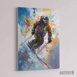 "Artery8 Skier Skiing Down Slope Colourful Canvas Wall Art Print - Size: W18"" x H24""" - thumbnail 2
