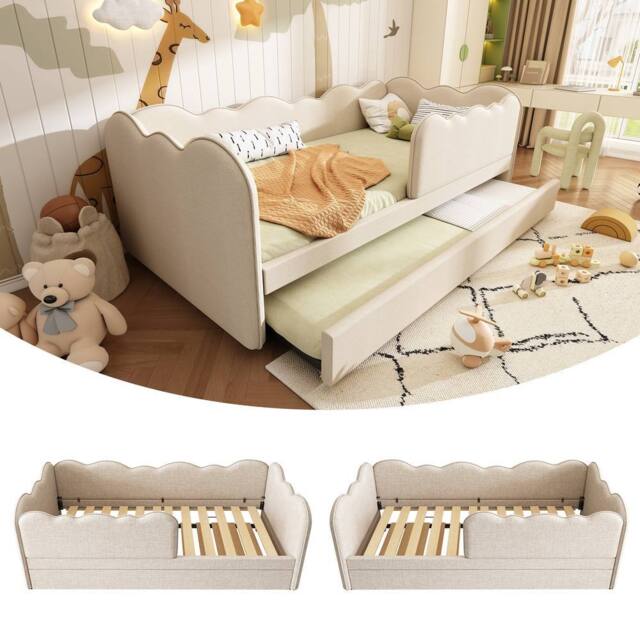 Rolipo 3FT Single Beige Linen Upholstered Daybed with Pull Out Trundle - image 1