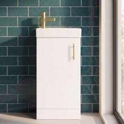 Balterley Wall Hung Vanity Basin 400mm Gloss White & Brushed Brass Handle - thumbnail 8