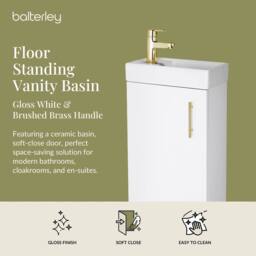 Balterley Wall Hung Vanity Basin 400mm Gloss White & Brushed Brass Handle - thumbnail 2