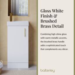 Balterley Wall Hung Vanity Basin 400mm Gloss White & Brushed Brass Handle - thumbnail 4