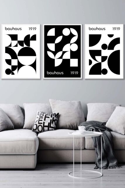 ARTZE Set of 3 White Framed Mid Century Bauhaus Black & White Wall Art - Size: W33 cm x H45 cm x D20mm - image 1
