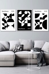 ARTZE Set of 3 White Framed Mid Century Bauhaus Black & White Wall Art - Size: W33 cm x H45 cm x D20mm - thumbnail 1